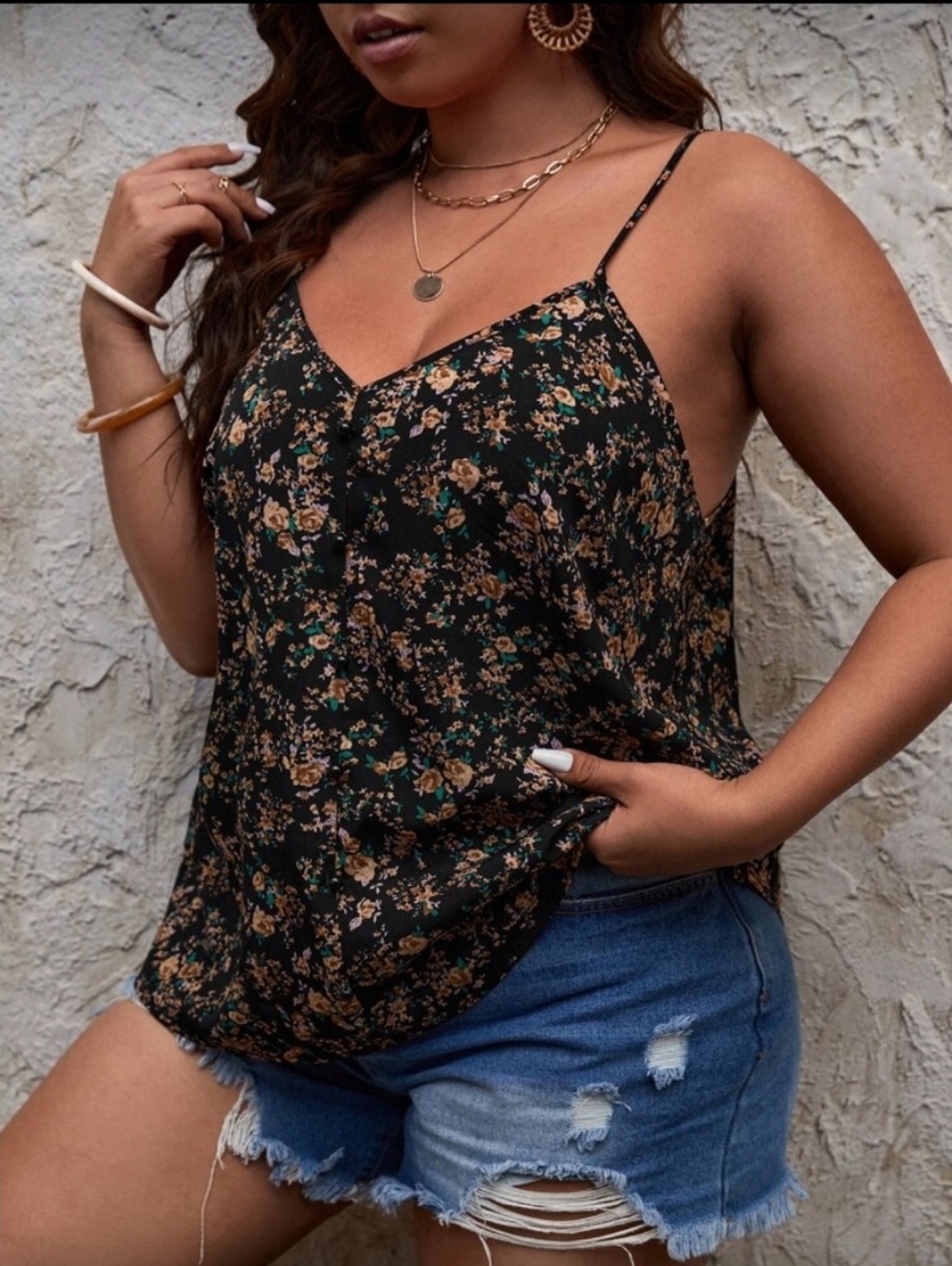 Floral Spaghetti Strap Cami Tank Top - Black Floral